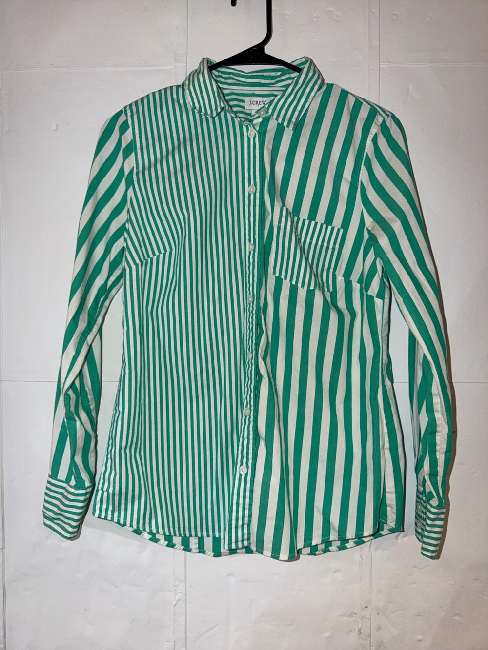 J. Crew Green and White Vertical Stripe Button-Down Shirt